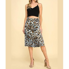 Leopard Print Maxi Skirt Novelty Silk Womens Skirts Summer High Waist Midi Length Skirts Casual Trendy Animal Print Satin A Line Skirt,Leopard XS