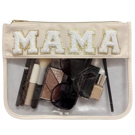 Bolsa de maquillaje transparente con cartas, parche de chenilla, bolsa de artículos de cambiador para estadio, para mujeres y niñas, Beige-Mama