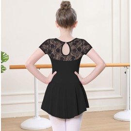 DANSHOW Girls Lace Ballet Jersey for Dance Short Sleeves Ballet Jersey Water Drops Hollow Back Gymnastics Dance Wear, Black short-sleeved