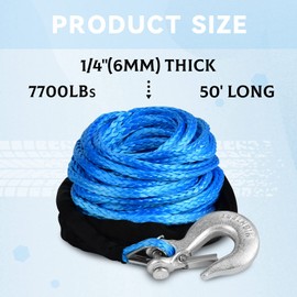 1/4" 50ft Winch Rope Kit, 7700LBs Tow Cable Rope, with Winch Hook and Protecting Sleeve, for Vehicle/ATV/UTV (Blue)