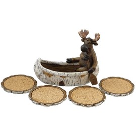 Decorative Moose Canoeing Coaster Set - 4 Rustic Cork Coasters & Holder Set