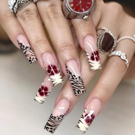 LWTZLW French Tip Press on Nails Long Square False Nails Leopard French Tip Full Cover Glue ons Nail Coffin Acrylic Fake Nails Flower Glossy Artificial Nail Reusable for Women
