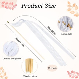 YZROHYI 30 Stück Wedding Wands Hochzeit Spalier,Zauberstäb Hochzeit Luftschlangen,Spalier Bänder Hochzeitsbänder Mit Glöckchen,Holzstäbe für Hochzeiten,Zauberstäbe zum Basteln für Hochzeiten - Weiß