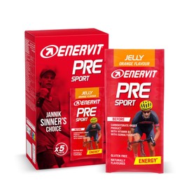 Enervit, Pre Sport Arancia, Gelatina Energetica, Formula Innovativa, 25g di Carboidrati, con Vitamina B1, Gusto Arancia, Da Usare Prima dell'Attività Fisica, Senza Glutine, VeganOk, 5 Pack da 45g