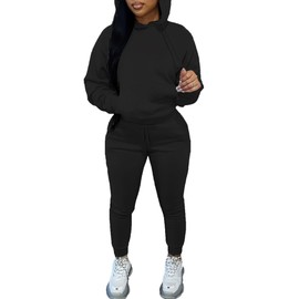 LovelyWholesale Long Sleeve Hoodies and Sweatpants Set Casual Sweatsuits 2 Piece Outfits for Women Black Medium