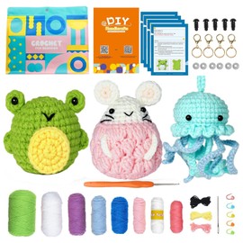 ZOCOYUU Crochet Kit for Beginners, 3 Pattern Animals-Owl, Rabbit, Frog, Knitting Kit for Adult Kids with Step-by-Step Video Tutorials and Yarns, Hook, Accessories (Green)