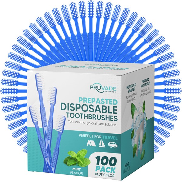 PRUVADE 100 Pack Disposable Toothbrushes with Toothpaste Built In |
