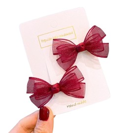 GFun Hair Ornament, Ribbon, Small, Children's Clip, Hair Accessories, Barrette, Tulle Hakama, Graduation Ceremonies, Weddings, Recitals, Yukata, Clothes, Red, Set of 2