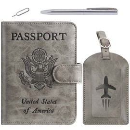 Passport Holder With Luggage Tag Cover Wallet RFID Blocking Leather Case Travel Essentials Accessories Travel Must Have(114#Grey)