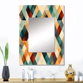 DesignQ Natural Green and Beige Tones Mosaic Geometric Wall Mirror, Printed Green Wall Mirror, Modern Bathroom Wall Mirror, Decorative Geometric Mirror - 24x32 Inches