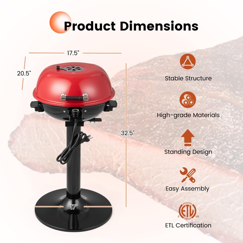 CHEFJOY 1600W Electric Grill Outdoor, 15-Serving Freestanding Camping Grill with