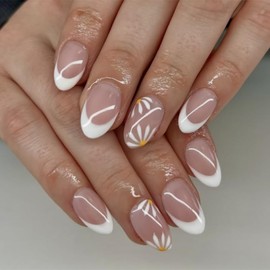 24pcs French Tip False Nails Short Almond Press on Nails White Edge Nude Pink Stick on Nail with Flower Design Removable Glue on Acrylic Fake Nail Accessories for Women Girls