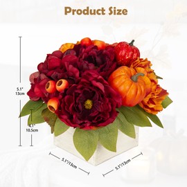 DILATATA Fall Decor Autumn Harvest Pumpkins Centerpiece - Artificial Peony Arrangement in Wooden Box for Thanksgiving Party Mantel Fall Decor