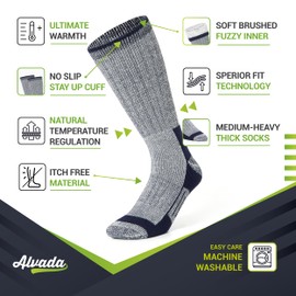 Alvada Merino Wool Hiking Socks Thermal Warm Crew Winter Boot Sock For Men Women 3 Pairs LXL