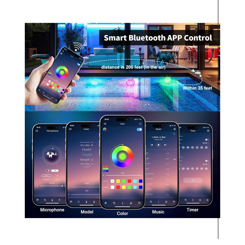 Homly Rechargeable Submersible Pool Lights with Wireless APP Control Waterpro...
