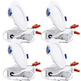 TORCHSTAR 4 Inch Ultra-Thin LED Recessed Light with Junction Box, 2700K Soft White, 10W 80W Eqv. Dimmable Slim LED Downlight, ETL and Energy Star Certified, Pack of 4