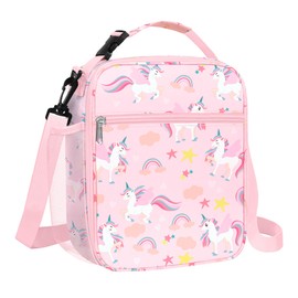 Clastyle Pink Unicorns Insulated Lunch Bag for Kids, Portable Large Thermal Cooler Lunch Bag for Girls, School Lunch Box Bag with Bottle Holder