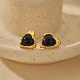 Vintage Black Onyx Heart S925 Sterling Silver Small Stud Earrings for Women Elegant Minimalist 14k Gold Plated Love Heart Shaped Studs Hypoallergenic Fashion Trendy Jewelry for Her, Small, Sterling