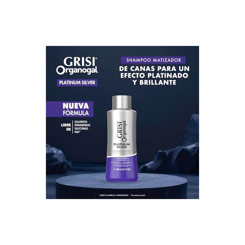 Organogal Grisi, Shampoo Silver para canas y cabellos claros, 400