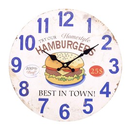 Akizuki Boeki HW20A111 Best HAMBURGER in Town, Antique MDF Wall Clock, Φ13.4 x D1.4 inches (34 x 3.5 cm)