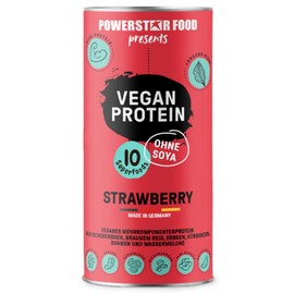Powerstar Vegan Protein 500 g, Vegan Protein Powder without Soy, Multi-Component Protein Powder Supplemented with 10 Superfoods, German Production, Strawberry with Whole Erberry Pieces