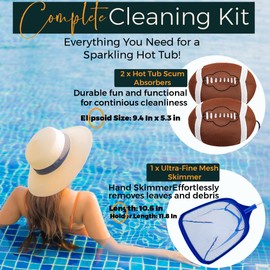 Hot Tub Scum Absorber Football ScumGuard Mesh - 2-Pack Oil & Scum Absorber for Spa, Hot Tub & Pool - Keeps Water Clear & Filters Protected - Includes Pool Net Skimmer & 2 Washable Football Absorbers
