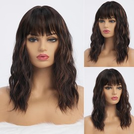 simkaylee Dark Brown Wigs with Highlight for Women Synthetic 16 inch Medium Length Wigs with Bangs Natural Long Wavy Fringe wig Heat Resistant Hair for Daily Party Use(16 inch)