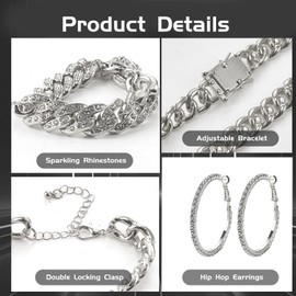 Avxzbef 6 Pcs Silver Cuban Link Chain Set for Men Women with Necklace Bracelet Hoop Earrings for Party Prom Accessories