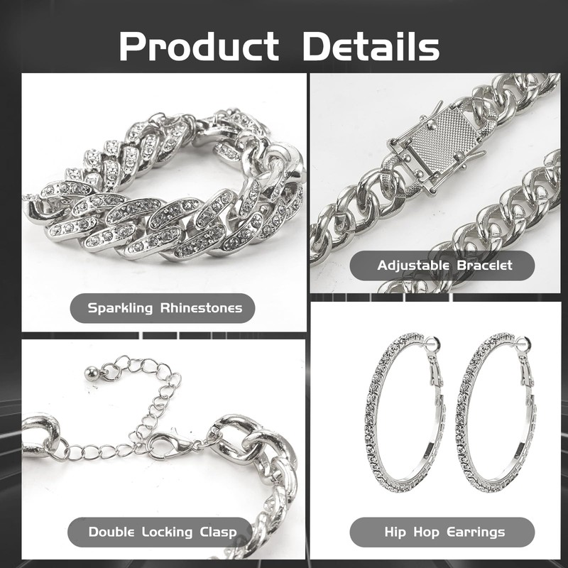 Avxzbef 6 Pcs Silver Cuban Link Chain Set for Men