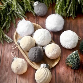Norme 10 Pcs Neutral Christmas Ball Ornament 3.15" Rustic Farmhouse Plush Faux Fur Cable Knitted Hanging Ornament Ball for Xmas Tree Handmade Crochet Decor Neutral Xmas Wreath Mantel Garland Decor