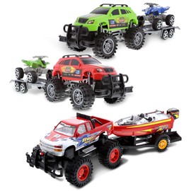 Mozlly Bundle of 2 Friction Powered Monster Trucks with ATV Trailer Playset, Push Powered Monster Truck with Speed Boat Transport Toys - Push & Go