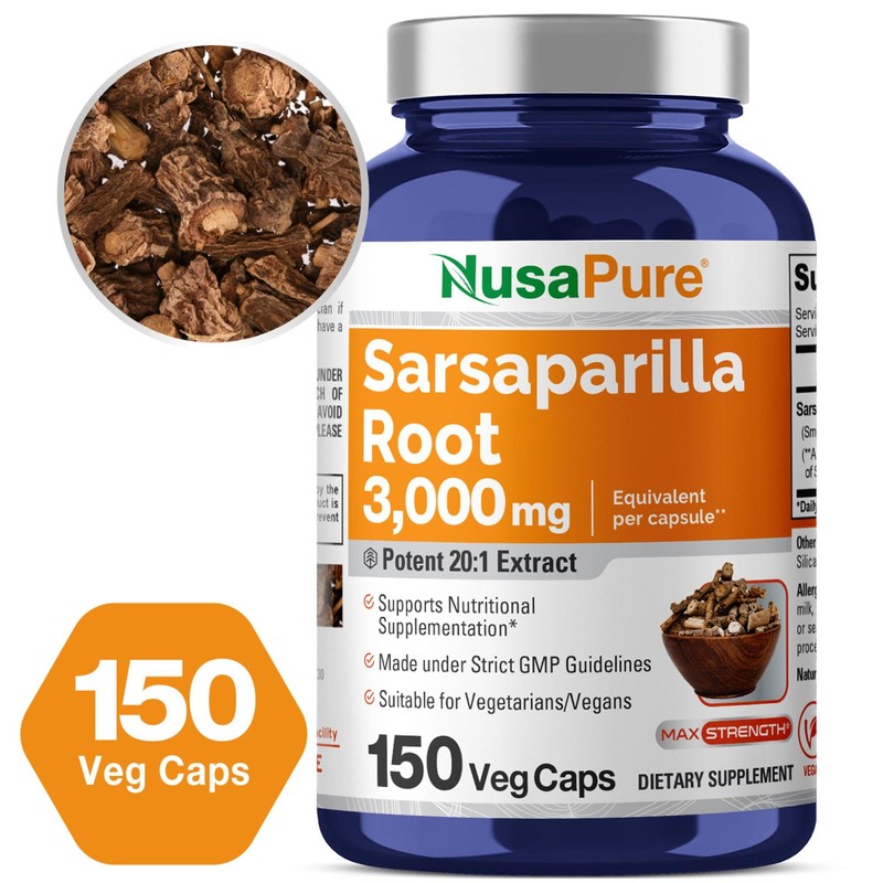 NusaPure Sarsaparilla Root 3000mg | 150 Veggie Caps | Non-GMO,