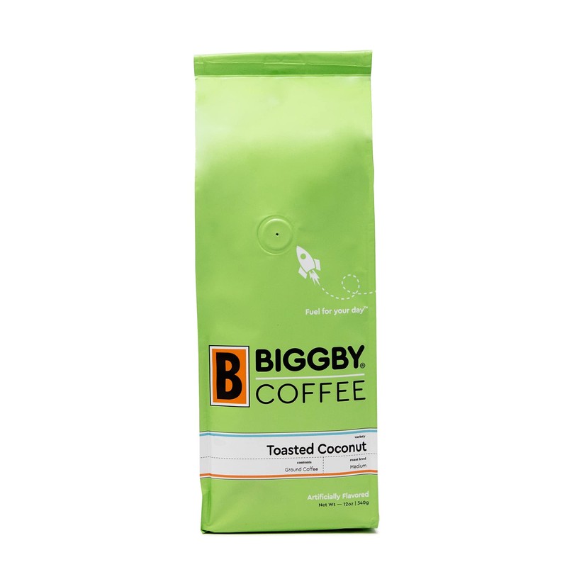 BIGGBY Toasted Coconut Flavored Ground Coffee, 12 oz Vacuum Sealed