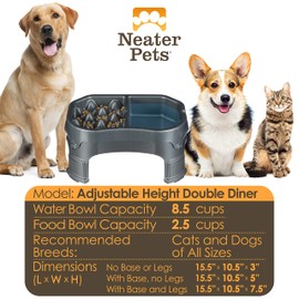 Neater Pet Brands – Neater Raised Slow Feeder Dog Bowl – Elevated and Adjustable Food Height - (Double Diner, Gunmetal)