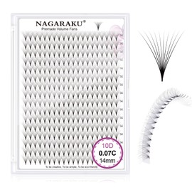NAGARAKU Eyelash Extensions 320 Pcs Premade Fans Russian Volume Long Stem Premade Fans Thin Pointy Base Natural Pre Fanned Fluffy False Eyelash Clusters Black 16 Rows (10D 0.07 C Curl 14mm)