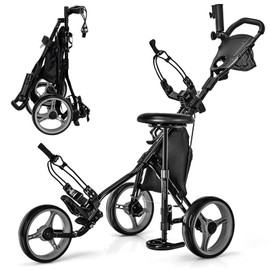 ULTIMATE 3 Wheel Golf Push Pull Cart, Foldable Lightweight Golf Bag Trolley w/Adjustable Seat and Handle, Scorecard Holder, Umbrella Holder, Cup Holder, Storage Bag and Foot Brake (Gray)