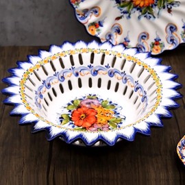 Faireal Hand Painted Portuguese Pottery Alcobaça Ceramic Fruit Bowl Centerpiece Made in Portugal, Blue, 11 x 11 x 3 inches (AVID-501)
