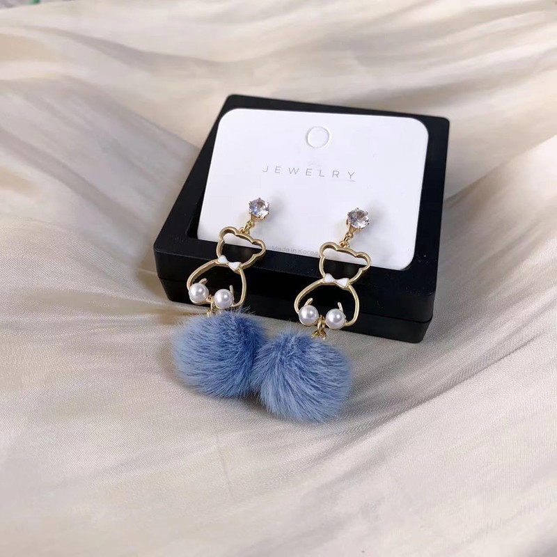 Cute Bear Pom Pom Drop Earrings for Women, Sparkly Zircon
