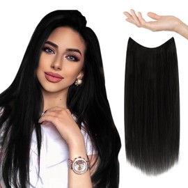Sunny Wire Hair Extensions Real Human Hair Fish Line Human Hair Extensions Invisible Wire Extensions Jet Black #1 22 Inch