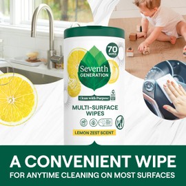 Seventh Generation Multi Surface Wipes Lemon Zest scent Pack of 6 All Purpose Cleaning with 100% Essential Oils and Botanical Ingredients 70 count