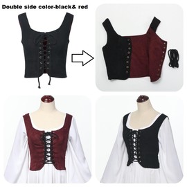 CAMDOM Women's Renaissance Lace-Up Vest Steampunk Gothic Vest Cosplay Costume, Black+red, L