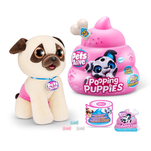 Pets Alive Pooping Puppies (Pug) by ZURU Surprise Puppy Plush, Ultra Soft Plushies, Interactive Toy Pets, Electronic Pet Puppy for Girls and Children