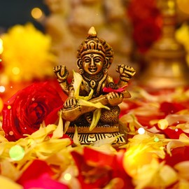 Tarini Gallery Brass Pooja Murti Idol Statue God Lord Spiritual Sculpture Indian Antique Pital Statue Décor for Home Entrance Temple Puja Decoration Festivals Diwali and Gifting (Saraswati Maa)