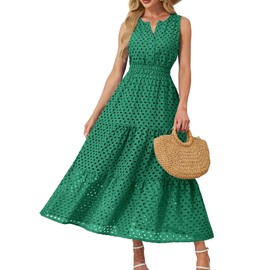 Simlakey Women 2025 Summer Maxi Dress Casual V Neck Sundress Sleeveless Hollow Out Eyelet a Line Long Flowy Beach Vacation Dresses(Green,L)