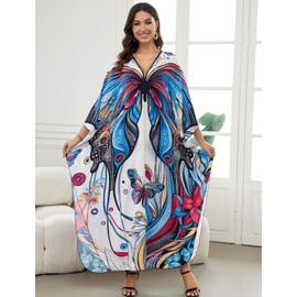 KECVOT Kaftan Dresses for Women Plus Size Batwing Sleeve Caftans Long Bathing Suit Cover Up Maxi Beach Dress Loungewear, 8759-color32, One Size