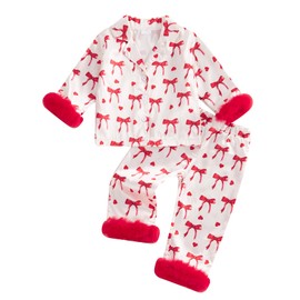 Toddler Baby Girl Pajamas Sets Ruffle Bow Print Plush Long Sleeve Tops with Pants Matching Lounge Set (Red, 6-12 Months)
