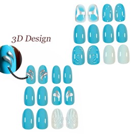 BABALAL Blue Press on Nails Medium Almond Fake Nails Sliver Chrome 3d Texture Design Acrylic Nails Supplies Y2k False Nails Art 24Pcs Summer Stiletto Manicure Stick on Nails for Women