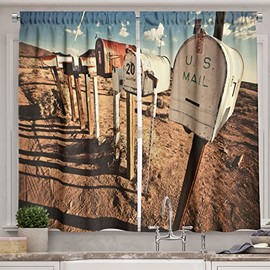 Ambesonne - Cortinas de cocina de Estados Unidos, buzones antiguos en el oeste de América, paisaje rural oxidado grunge del campo, cortinas de ventana juego de 2 paneles para decoración de cocina y