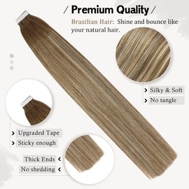 Tape in Hair Extensions, Moresoo Human Hair Extensions Tape in Real Hair Extensions 12 Inch Short Hair Ash Brown Ombre to Blonde Highlighted Light Blonde Natural Hair Tape in Extensions 30G/20Pcs