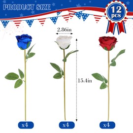 Hananona Artificial Roses Flowers for 4th of July Decorations, 12 Pcs Silk Rose Bouquet for Patriotic Flower Decor, Faux Roses for Independence Day Parties Cemetery Flowers (12, Red，White，Blue)